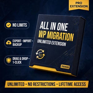 Könnte beinhalten: Eine dunkelblaue und gelbe Box für die All In One WP Migration Unlimited Extension. Die Box enthält Text wie Pro Extension, No Limits, Export, Import, Backup, Drag & Drop, 1-Click, Premium, Unlimited, No Restrictions und Lifetime Access.