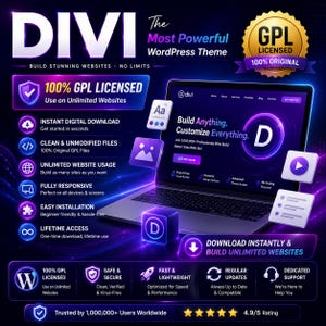 May include: A digital promotional graphic for the Divi WordPress theme featuring a laptop displaying the Divi interface. The image includes text such as 100% GPL Licensed, Build Anything, Customize Everything, and lists features like instant download, unlimited usage, and responsive design.