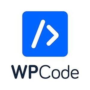 May include: A square blue icon with rounded corners featuring a white forward slash and a white greater-than symbol centered inside. Below the icon, the text WPCode is written in a clean, dark, sans-serif font on a plain white background.