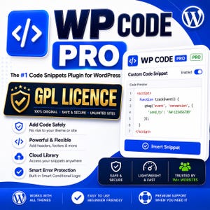 May include: A digital graphic for WP Code Pro, a WordPress plugin. It features the text WP CODE PRO, a GPL LICENCE badge, and a code snippet preview window. Icons represent features like cloud library, error protection, and safe code insertion.