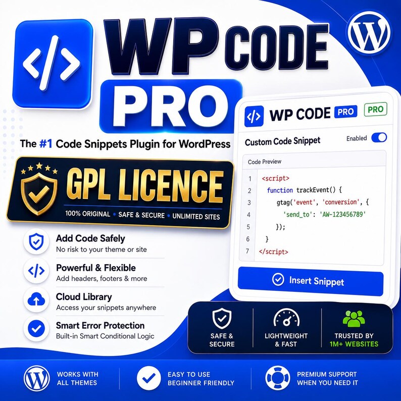 May include: A digital graphic for WP Code Pro, a WordPress plugin. It features the text WP CODE PRO, a GPL LICENCE badge, and a code snippet preview window. Icons represent features like cloud library, error protection, and safe code insertion.