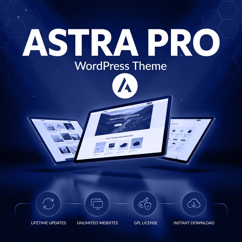 May include: A digital graphic for Astra Pro WordPress Theme featuring three tablet screens displaying website layouts against a dark blue background. Text includes Astra Pro, WordPress Theme, Lifetime Updates, Unlimited Websites, GPL License, and Instant Download.