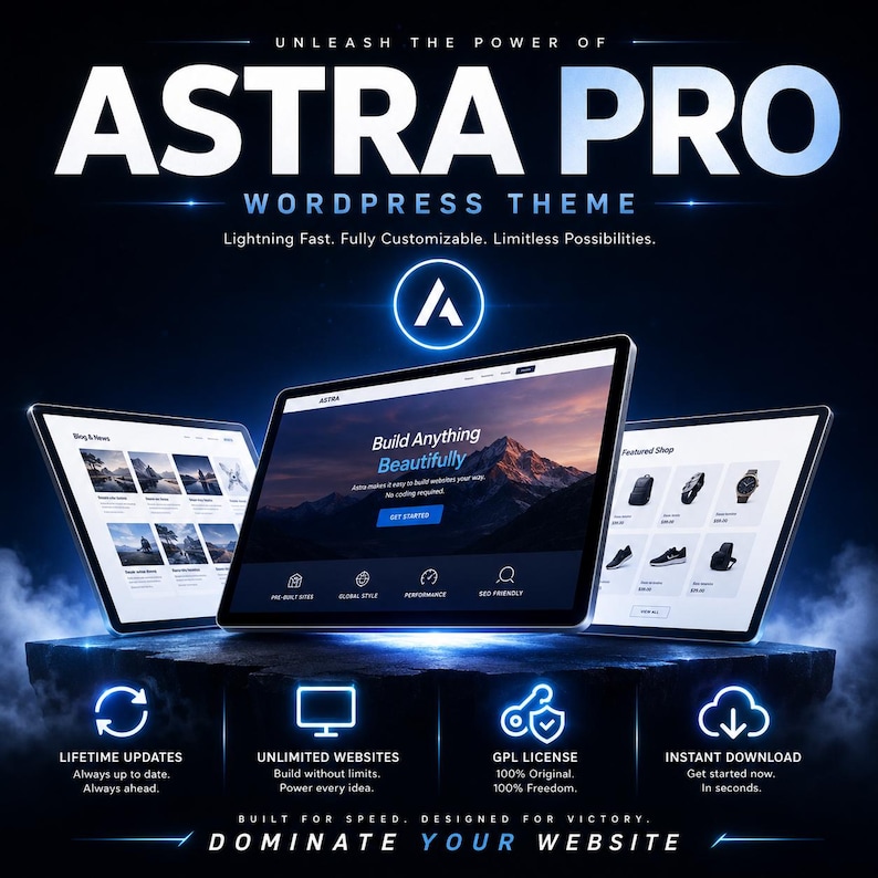 May include: A digital promotional graphic for the Astra Pro WordPress theme featuring three screens displaying website layouts against a dark, smoky background with glowing blue text and icons highlighting features like lifetime updates and GPL license.