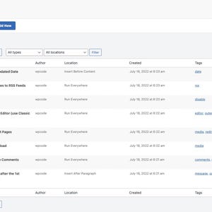 May include: A digital interface for WPCode displaying a list of eight snippets. The table includes columns for Name, Author, Location, Created, Tags, and Status. The rows list various functions like Disable XML-RPC and Allow SVG Files Upload.