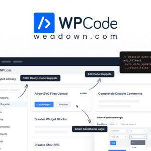 May include: A digital interface for the WPCode software platform, featuring a blue logo with code brackets, a snippet library dashboard, and various functional labels like 100+ Ready-made Snippets, Edit Code Snippets, and Smart Conditional Logic.