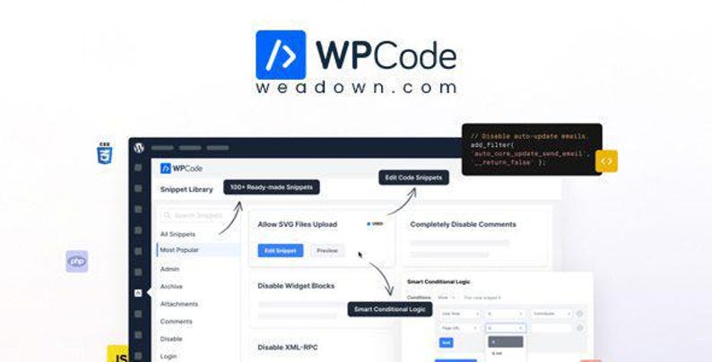 May include: A digital interface for the WPCode software platform, featuring a blue logo with code brackets, a snippet library dashboard, and various functional labels like 100+ Ready-made Snippets, Edit Code Snippets, and Smart Conditional Logic.