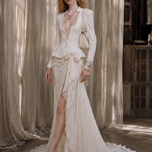 Embellished Two Piece Skirt Suit with Knotted Draping, High Slit and Train