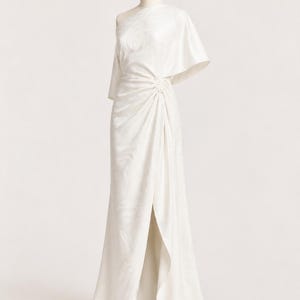 One Shoulder Maxi Dress with Ruched Waist and Draped Split Skirt