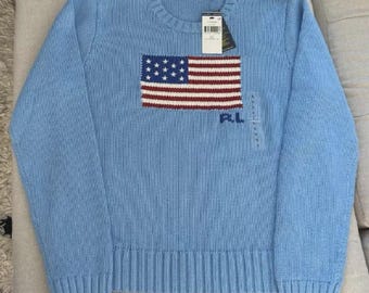 Suéter Polo Ralph Lauren Azul Celeste – Suéter Clássico de Tricô de Luxo, Suéter com a Bandeira dos EUA
