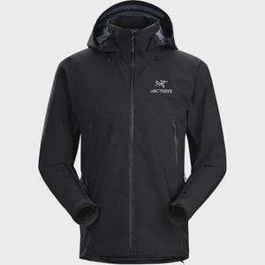 May include: A black hooded jacket featuring a full-length front zip, a high collar, and long sleeves with adjustable cuffs. The Arc'teryx logo and brand name are printed in white on the upper left chest area of the garment.