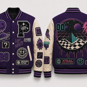 Gepersonaliseerde varsity bomberjas, wollen jas met leren mouwen op maat, geborduurd patchworkdesign, teamcadeau
