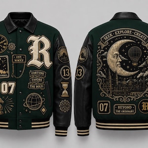 May include: A dark green and black varsity jacket featuring leather sleeves and various embroidered patches. The front displays an R, the text EST. MMXX, FORTUNE FAVORS THE BOLD, and 07. The back features a large crescent moon, a hot air balloon, and the text SEEK EXPLORE CREATE and BEYOND THE ORDINARY.