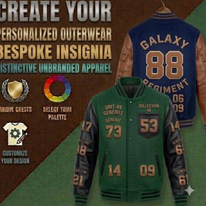 May include: A green varsity jacket with black sleeves and brown lettering featuring the text UNIT 49 GENERICE GENERIC 73 COLLECTION 48 53 17 14 09 61 18 21, alongside a blue varsity jacket with brown sleeves and the text GALAXY 88 REGIMENT 06 09.