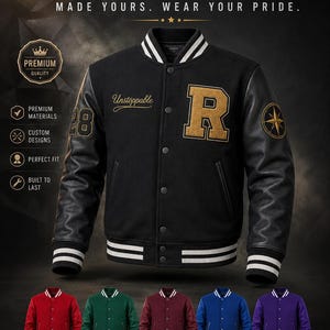 Può includere: Una giacca varsity nera con maniche nere, una grande lettera R dorata sul petto, la parola Unstoppable in corsivo dorato e bordi a righe bianche su colletto, polsini e orlo. Sono mostrate cinque giacche aggiuntive in rosso, verde, bordeaux, blu e viola.