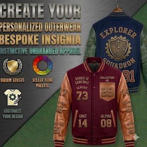 Può includere: Una giacca varsity bordeaux con maniche in pelle beige, caratterizzata da toppe con il testo SERIES 12 GENERILE GENERIC 73, COLLECTION 48, 29, UNIT 14 e ALPHA 08. È presente anche una giacca blu con maniche verdi e lo stemma EXPLORER SQUADRON 81.