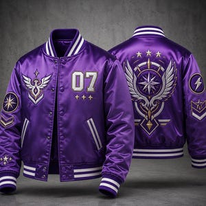 May include: A purple satin varsity jacket featuring white and gold embroidered details. The front displays the number 07, a winged emblem, and stars. The back showcases a large compass-like star design with wings and stars. It has striped ribbed trim.
