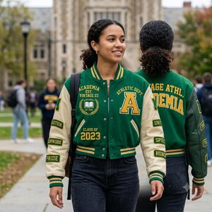 Pode incluir: Uma jaqueta universitária verde e creme com o texto Academia Est. Vintage 23, Class of 2023 e Athletic Dept. A. A jaqueta tem mangas longas cor de creme com punhos listrados em verde e amarelo, fecho de botões de pressão e emblemas bordados.