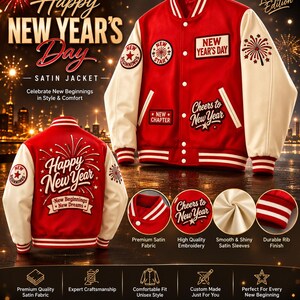 Pode incluir: Uma jaqueta estilo varsity vermelha e creme com patches bordados que dizem New Year's Day, New Beginnings, New Start, New Chapter e Cheers to New Year. As costas exibem Happy New Year com o texto New Beginnings e New Dreams.
