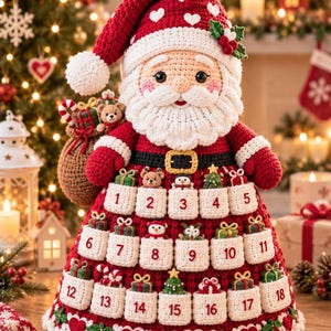 May include: A crocheted Santa Claus figure featuring a red hat with white hearts and a white beard. The figure wears a red coat with eighteen numbered white pockets, each containing a small crocheted ornament like a bear, snowman, or tree.