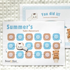 May include: A potty training reward chart titled Summer's Toilet Adventure with a bear on a toilet and a path of squares, plus a You did it! Certificate of Achievement. The chart features a cartoon toilet paper roll and Bear & Bee Creative logo.