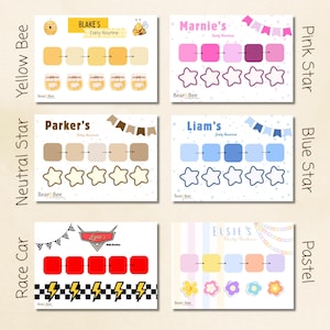 May include: Six rectangular daily routine charts featuring personalised names and themes including yellow bee, pink star, neutral star, blue star, race car, and pastel designs. Each chart displays a sequence of coloured squares and icons for tracking.