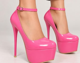 Women’s Platform Stiletto Heels, Ankle Strap High Heel Pumps, Glossy Round Toe Party Shoes, Pink Red Black Yellow