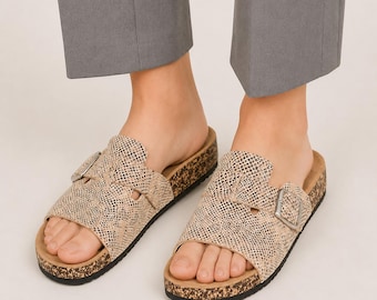 Women’s Buckle Slide Sandals, Textured Cross Strap Slip On Shoes, Cork Sole Flats