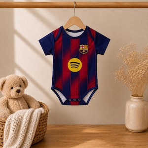 Puede incluir: Un body de bebé de manga corta con los colores del equipo de fútbol FC Barcelona, con rayas verticales azul oscuro y granate. En el pecho muestra el escudo del FC Barcelona y un logotipo circular amarillo de Spotify.