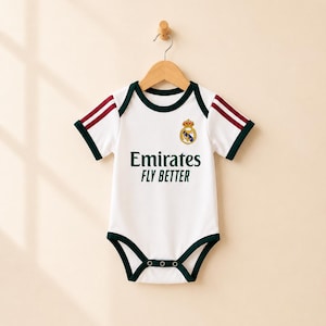 May include: A white baby bodysuit featuring dark green trim on the collar, sleeves, and leg openings. The chest displays the Real Madrid crest and the text Emirates FLY BETTER in dark green. The sleeves have two dark red stripes on each side.