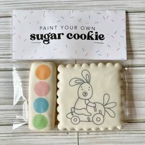 May include: A set of two sugar cookies, one with a bunny riding a carrot and the other with four paint colors. The cookies are packaged in a clear plastic bag with a label that reads "Paint Your Own Sugar Cookie".