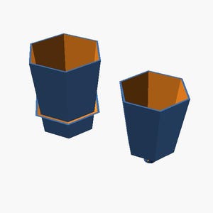 May include: Two hexagonal planters with a dark blue exterior and a contrasting orange interior. The planters feature a tapered shape with a wide opening at the top and a narrower base, showcasing a clean geometric design with sharp, defined edges.