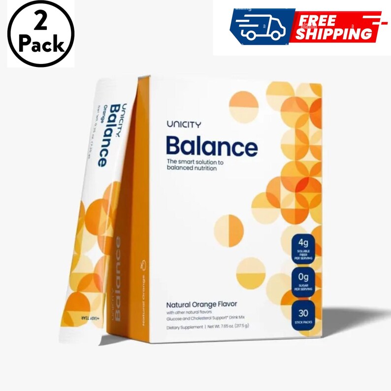 May include: A white box of Unicity Balance dietary supplement with orange circular patterns, labeled Natural Orange Flavor, Glucose and Cholesterol Support Drink Mix, Net Wt. 7.65 oz (217.5 g), and 30 stick packs, accompanied by one individual stick pack.