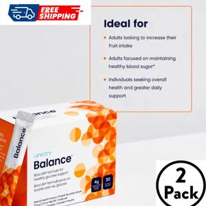 May include: A white box of Unicity Balance Bios Life formula for healthy glucose support with orange circular patterns. The box displays 4g proprietary natural blend and 30 packets. A single white packet is shown leaning against the box.