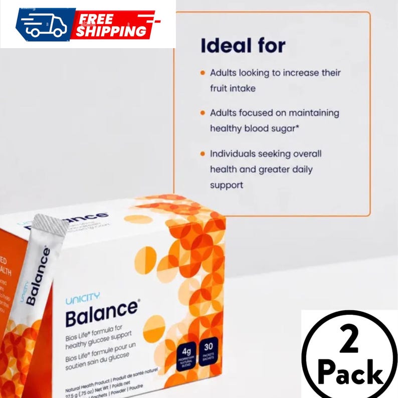 May include: A white box of Unicity Balance Bios Life formula for healthy glucose support with orange circular patterns. The box displays 4g proprietary natural blend and 30 packets. A single white packet is shown leaning against the box.