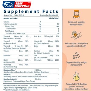 May include: A Supplement Facts label for a 7.25 g packet listing nutrients including Vitamin A, C, E, B6, B12, calcium, zinc, and chromium. The right side features icons for appetite control, carbohydrate reduction, weight management, and fasting.