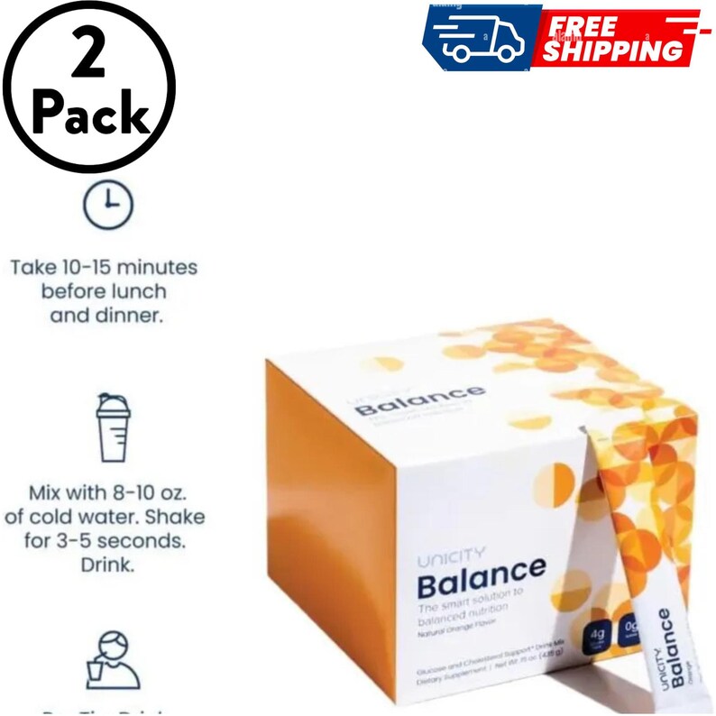 May include: A two-pack of Unicity Balance dietary supplement boxes with orange circular patterns. The packaging includes instructions to take 10-15 minutes before lunch and dinner, and to mix one packet with 8-10 oz. of cold water and shake well.