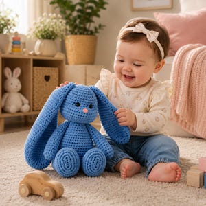 Virkad amigurumi-kanin i PDF-format, enkel handledning för plyschkanin, virkmönster för nybörjare med djur, gör-det-själv-present till baby