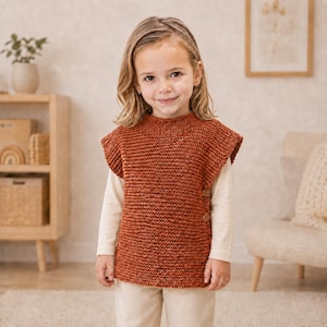 May include: A sleeveless, rust-colored knitted vest featuring a textured garter stitch pattern, a high neckline, and two small wooden buttons along the side seam. The garment is worn over a long-sleeved, cream-colored shirt and light-colored pants.