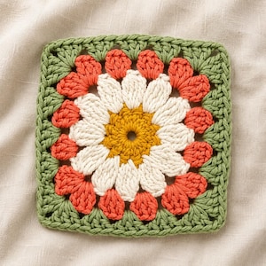 May include: A square crochet granny square featuring a central mustard yellow circle, surrounded by a ring of white petals, an outer layer of coral orange petals, and a sage green border that forms the square shape with textured yarn stitches.
