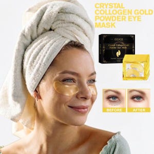 May include: A person with a white towel wrapped around their head wears gold-colored under-eye patches. The product packaging is a black box labeled Crystal Collagen Gold Powder Eye Mask, with a yellow box showing individual gold eye patches.