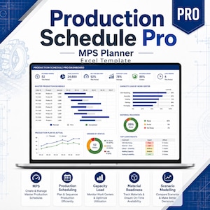 May include: A laptop screen displaying the Production Schedule Pro MPS Planner Excel template dashboard. The interface features data visualisations including a master production schedule, capacity load charts, material readiness status, and order metrics.