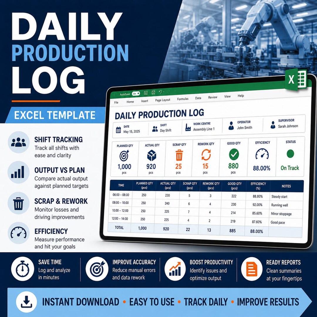Internal Rework Excel Template Daily Production Log Excel Template | Manufacturing Output, Scrap ...