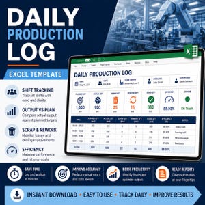 Könnte beinhalten: Eine digitale Excel-Vorlage für ein tägliches Produktionsprotokoll auf einem Bildschirm. Die Benutzeroberfläche enthält Felder für Datum, Schicht, Bediener und Vorgesetzten sowie Tabellen zur Verfolgung von geplanten, tatsächlichen, Ausschuss- und Nacharbeitsmengen.
