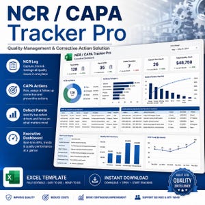 NCR CAPA Tracker Pro Excel-sjabloon | Logboek kwaliteitsproblemen, corrigerende maatregelen en defectdashboard