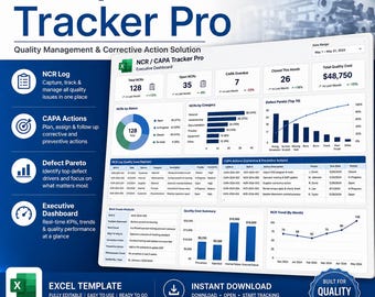 Modelo de planilha Excel NCR CAPA Tracker Pro | Registro de problemas de qualidade, ações corretivas e painel de defeitos