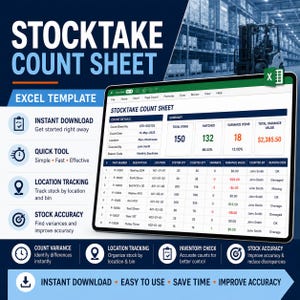 May include: A digital stocktake count sheet Excel template displayed on a screen. The document features a summary table with total items, matched, variance items, and total variance value, alongside a detailed list of part numbers and quantities.