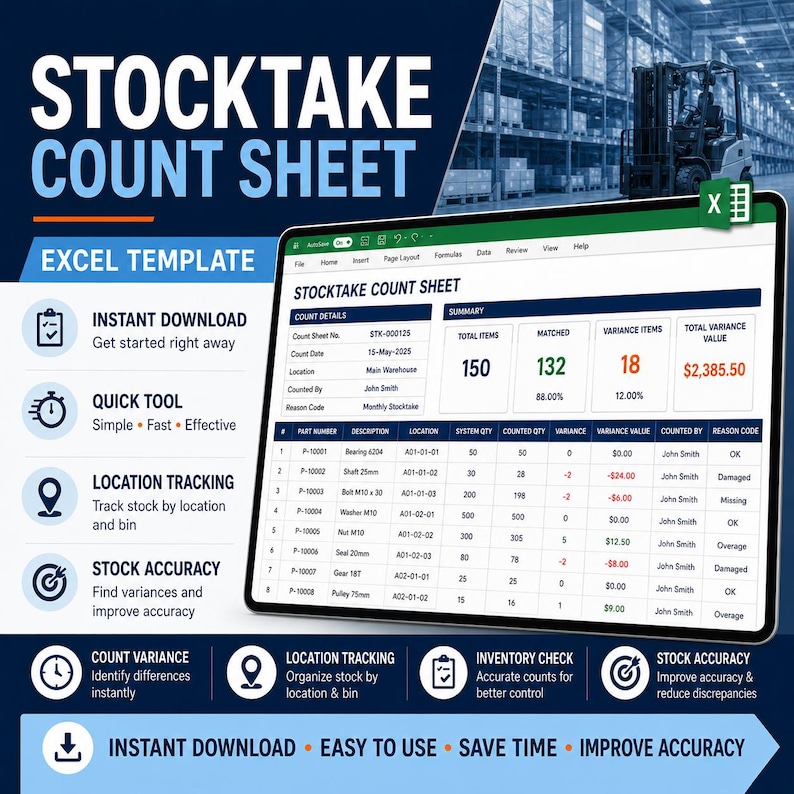 Stocktake Count Sheet Excel Template | Inventory Count, Stock Variance ...