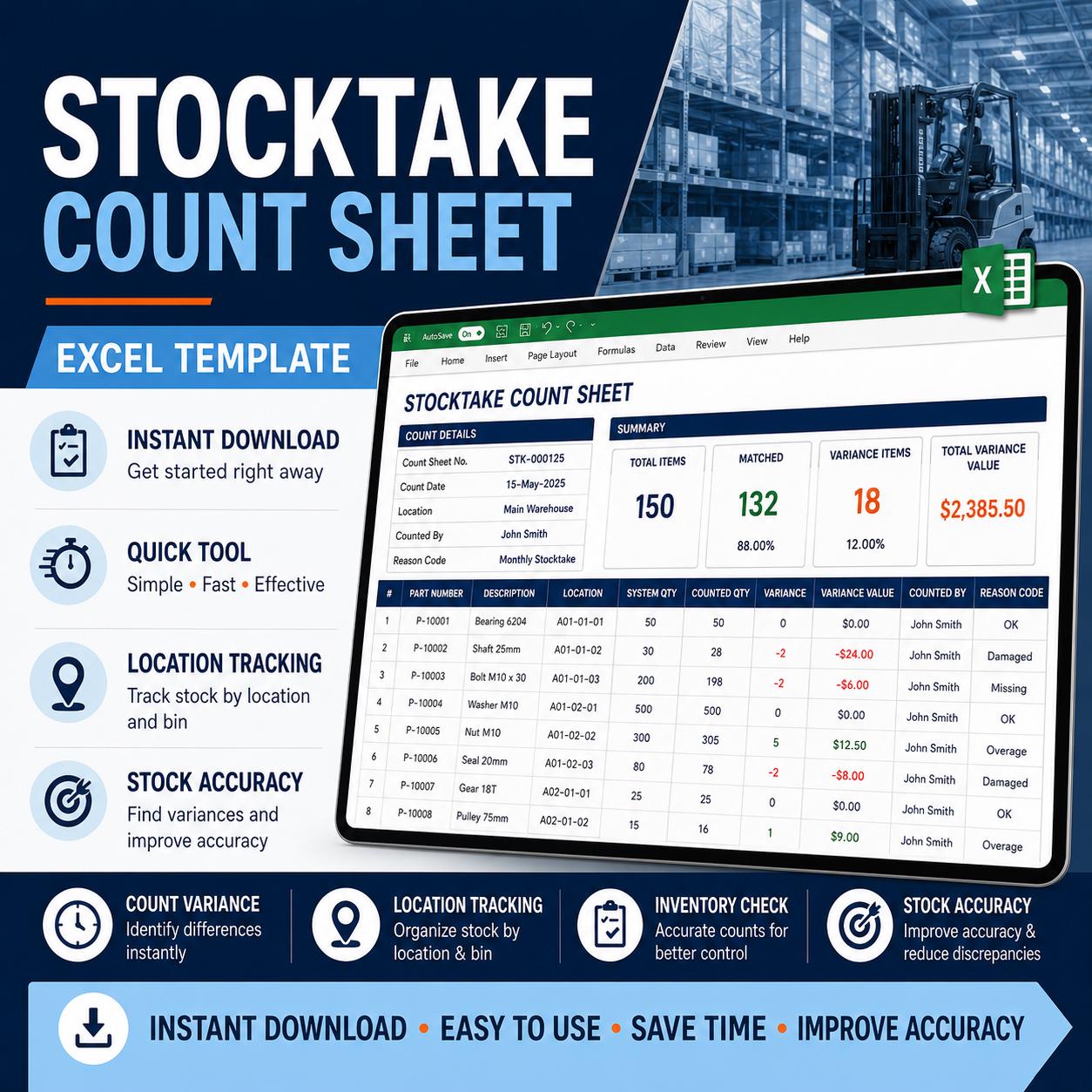 Variance Example Card Counting Stocktake Count Sheet Excel Template | Inventory Count, Stock Variance ...