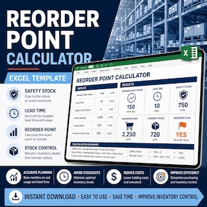 Pode incluir: Um modelo de Excel de calculadora de ponto de pedido exibido na tela de um tablet. A interface apresenta campos de entrada para uso diário, prazos de entrega e níveis de estoque, juntamente com caixas de resultados para pontos de pedido.