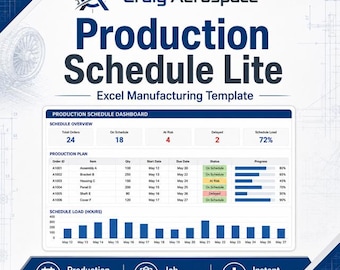 Modelo de planilha Excel simplificado para planejamento de produção | Rastreamento de tarefas de manufatura, planejamento de centros de trabalho e painel de controle de cronograma